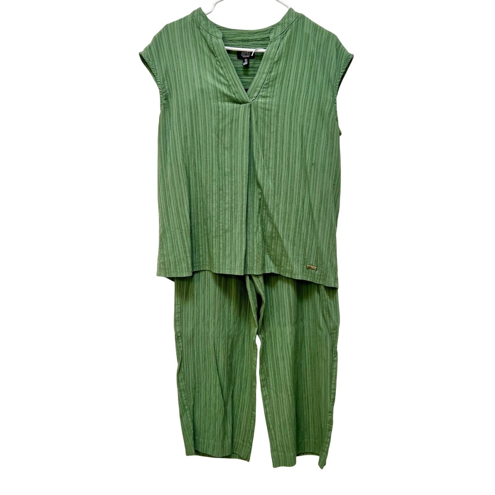 Jones New York Signature Green Crinkle Texture Top and Pants Set Womens Medium